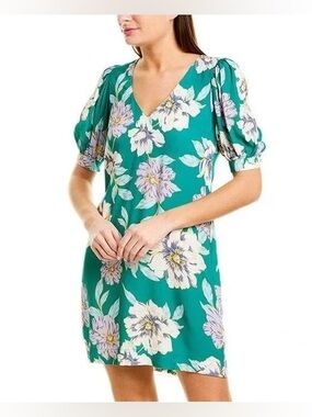 Yumi Kim Teal Floral V-Neck Puff Sleeve Mini Dress